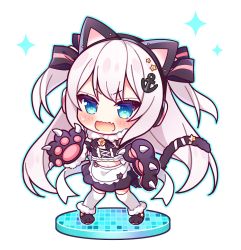 Rule 34 | 1girl, anchor hair ornament, animal ears, animal hands, apron, azur lane, black footwear, black gloves, black skirt, blue eyes, blue outline, blush, cat ears, cat tail, chibi, commentary request, crop top, fake animal ears, fang, full body, fur-trimmed gloves, fur trim, gloves, hair ornament, hammann (azur lane), hammann (hammanyan pawnch!) (azur lane), long hair, looking at viewer, midriff, navel, open mouth, outline, paw gloves, pleated skirt, ryuuka sane, silver hair, skirt, solo, sparkle, standing, sweat, tail, tail raised, thighhighs, two side up, v-shaped eyebrows, very long hair, waist apron, wavy mouth, white apron, white background, white thighhighs