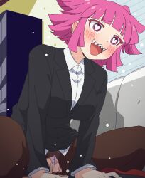Rule 34 | 1boy, 1girl, blush, business suit, censored, clothed sex, clothing aside, formal, girl on top, heart, heart-shaped pupils, kyuuketsuki sugu shinu, open mouth, panties, panties aside, pantyhose, penis, pink hair, pink panties, pussy, sanzu (kyuketsuki sugu shinu), sex, sharp teeth, solo focus, straddling, suit, symbol-shaped pupils, tomu (tomubobu), torn clothes, torn pantyhose, underwear, vaginal
