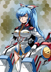 Rule 34 | 10s, 1girl, blue hair, bodysuit, breasts, commentary request, female focus, gloves, gundam, hair ornament, highres, kantai collection, large breasts, long hair, long sleeves, machinery, mecha musume, military, military uniform, mobile suit gundam, personification, ponytail, smile, solo, thighhighs, tukiwani, uniform, very long hair, white base, white gloves, white thighhighs, yellow eyes