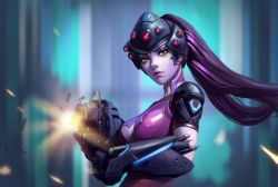 Rule 34 | 1girl, bodysuit, breasts, center opening, colored skin, firing, head-mounted display, highres, kutanyun, lips, long hair, medium breasts, nose, overwatch, overwatch 1, ponytail, purple hair, purple skin, shell casing, solo, widowmaker (overwatch), yellow eyes