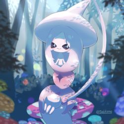 Rule 34 | 1girl, :&gt;, absurdly long hair, alternate color, artist name, black sclera, blue eyes, blurry, blurry foreground, blush, bush, closed mouth, colored sclera, colored skin, creatures (company), dappled sunlight, day, female focus, flat chest, forehead, forest, game freak, gen 8 pokemon, gradient background, happy, hat, hatterene, highres, light rays, long hair, looking to the side, multicolored hair, mushroom, nature, nintendo, outdoors, pink hair, pokemon, pokemon (creature), purple hair, purple hat, shiny pokemon, sidelocks, signature, smile, solo, sunlight, tree, tsukkon, twitter username, two-tone hair, very long hair, white skin, witch hat