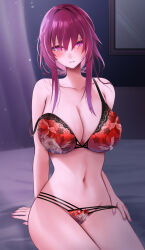 Rule 34 | 1girl, armpit crease, bra, collarbone, commentary request, empty picture frame, hair between eyes, highres, honkai: star rail, honkai (series), indoors, kafka (honkai: star rail), knees out of frame, lingerie, looking at viewer, multi-strapped panties, nail polish, navel, on bed, paid reward available, panties, picture frame, purple eyes, purple hair, purple nails, red bra, red panties, sitting, smile, solo, stomach, strap slip, underwear, yumeneko nyaa