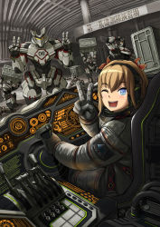 Rule 34 | 1girl, akitaken (non faciem), bad id, bad pixiv id, blonde hair, blue eyes, cockpit, controller, copyright request, double v, gloves, headset, highres, joystick, looking at viewer, looking back, mecha, pilot suit, robot, science fiction, short hair, solo focus, v