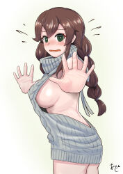 Rule 34 | 1girl, akashieru, artist logo, backless outfit, braid, breasts, brown hair, dress, embarrassed, flying sweatdrops, foreshortening, green eyes, highres, kantai collection, large breasts, meme attire, naked sweater, noshiro (kancolle), one-hour drawing challenge, sideboob, simple background, solo, sweater, sweater dress, swept bangs, twin braids, virgin killer sweater, wavy mouth, white background