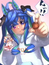 Rule 34 | 1girl, :t, @ @, absurdres, ahoge, animal ears, blue eyes, blue hair, blurry, blurry foreground, chocolate, clothes writing, commentary request, crossed bangs, depth of field, ear covers, fang, fang out, food, food on face, gradient background, green hair, hair between eyes, heterochromia, highres, horse ears, incoming food, long hair, long sleeves, multicolored hair, pink background, purple eyes, smile, solo, streaked hair, sweets, thin (suzuneya), twin turbo (umamusume), twintails, two-tone hair, umamusume, upper body, valentine