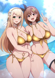 Rule 34 | atelier (series), atelier ryza, bikini, blonde hair, blue sky, braid, breasts, brown eyes, brown hair, brown hairband, chain, chain necklace, cleavage, cloud, dutch angle, gold bikini, gold hairband, gold necklace, hair between eyes, hairband, halterneck, highres, jewelry, key, key necklace, klaudia valentz, large breasts, long hair, necklace, o-ring, o-ring bikini, ocean, parted bangs, ponponmaru, reisalin stout, side-tie bikini bottom, skindentation, sky, star (symbol), star necklace, string bikini, swept bangs, swimsuit, thick thighs, thigh strap, thighs