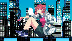 Rule 34 | 1girl, absurdres, black legwear, building, casual, cityscape, cloud, commentary request, full body, hand in pocket, headphones, headphones around neck, highres, holding, holding phone, jacket, kasane teto, knees up, ktdch, looking to the side, phone, red eyes, red hair, red shirt, shirt, shoes, shorts, sitting, sky, skyscraper, smile, sneakers, solo, utau