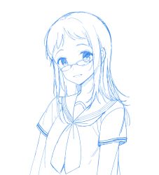 Rule 34 | 1girl, blue theme, glasses, long hair, monochrome, sakiyo cake, school uniform, serafuku, simple background, sketch, smile, solo, white background