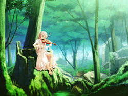 Rule 34 | barefoot, blonde hair, chinchickrin, dress, forest, green theme, instrument, long hair, nature, ruins, scenery, sitting, tree, tree stump, violin, white dress, white hair