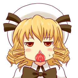 Rule 34 | 1girl, blonde hair, blush, blush stickers, censored, clitoral hood, clitoris, cowboy shot, drill hair, female focus, hat, looking at viewer, luna child, orange eyes, pussy, pussy face, simple background, solo, sweat, touhou, vagina mouth, white background