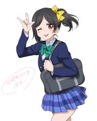 Rule 34 | 10s, 1girl, ;p, \m/, absurdres, aged up, bag, black hair, blazer, blush, blush stickers, bow, hair bow, highres, hoshino ouka, jacket, looking at viewer, love live!, love live! school idol project, one eye closed, plaid, plaid skirt, red eyes, school bag, school uniform, short hair, side ponytail, skirt, smile, solo, tongue, tongue out, yazawa cocoro