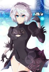 Rule 34 | 1girl, absurdres, black hairband, blue eyes, breasts, cleavage cutout, clothing cutout, dress, feather trim, gloves, hairband, highres, leotard, looking at viewer, medium breasts, mole, mole under mouth, nier (series), nier:automata, no blindfold, non-web source, ringo chan(artist), short hair, smile, solo, white hair, white leotard, 2b (nier:automata)
