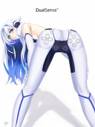 Rule 34 | 1girl, ass, bare shoulders, blue eyes, blue hair, blush, bodysuit, breasts, brz, cameltoe, elbow gloves, from behind, game console, gloves, headgear, highres, leaning, leaning forward, long hair, looking at viewer, looking back, multicolored hair, personification, playstation 5, shadow, shiny clothes, shiny skin, sideboob, silver hair, skin tight, smile, solo