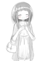 Rule 34 | 10s, 1girl, aoki ume (style), bag, black hair, bleeugee, blush, chitanda eru, closed eyes, collarbone, dress, hyouka, long hair, monochrome, own hands together, simple background, smile, solo, spot color, white background