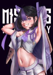 1girl absurdres armpits arms_up belt black_hair blush breasts goddess_of_victory:_nikke hair_ornament hair_ribbon highres jacket looking_at_viewer midriff milarkavelik miniskirt mole mole_under_eye multicolored_hair navel off_shoulder open_clothes open_jacket purple_eyes purple_hair purple_jacket ribbon simple_background skirt small_breasts smile solo streaked_hair syuen_(nikke) teeth