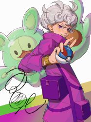 Rule 34 | 1boy, absurdres, ahoge, ay (1054105084), bede (pokemon), blush, coat, commentary, creatures (company), curly hair, fingernails, game freak, gen 5 pokemon, great ball, highres, holding, holding poke ball, looking at viewer, nintendo, poke ball, pokemon, pokemon (creature), pokemon swsh, popped collar, purple coat, purple eyes, reuniclus, signature, silver hair, smile, teeth, watch, wristwatch