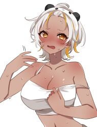 Rule 34 | 1girl, artist request, blonde hair, blush, breasts, brown eyes, cleavage, collarbone, commentary request, crop top, dark-skinned female, dark skin, hair ornament, highres, indie virtual youtuber, large breasts, luvdia, motion lines, multicolored hair, navel, open mouth, panda hair ornament, park dona, second-party source, short hair, solo, strap slip, streaked hair, sweat, tank top, upper body, virtual youtuber, white hair, white tank top