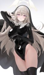 Rule 34 | 1girl, :o, absurdres, arm behind head, arm up, black gloves, black leotard, black thighhighs, black veil, blue archive, breasts, choyeon, cleavage, cowboy shot, gloves, habit, halo, highleg, highleg leotard, highres, impossible clothes, impossible leotard, justina follower (blue archive), large breasts, latex, latex leotard, leotard, long hair, long sleeves, looking at viewer, nun, open mouth, purple eyes, sakurako (blue archive), solo, standing, thighhighs, thighs, veil, very long hair, white hair