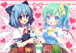 Rule 34 | 2girls, :d, apple, aqua eyes, banana, blue eyes, blue hair, blush, bow, breasts, cherry, cirno, clenched hand, daiyousei, drooling, eating, fang, feeding, food, fruit, green hair, hair bow, hair ornament, hair ribbon, hairclip, heart, heart-shaped pupils, heart background, holding, ice, ice cream, ice wings, kokorominton, melon, multiple girls, oniku (shimofuri-ke), open mouth, pineapple, ribbon, short hair, side ponytail, smile, spoon, strawberry, symbol-shaped pupils, touhou, watermelon, wings, wrist cuffs