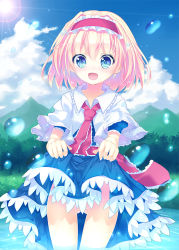 Rule 34 | 1girl, alice margatroid, blonde hair, blue dress, blue eyes, blue sky, blush, bubble, capelet, clothes lift, cloud, day, dress, dress lift, hairband, necktie, no panties, open mouth, partially submerged, partially visible vulva, puffy sleeves, ribbon, sash, short hair, short sleeves, sky, smile, solo, sunlight, touhou, wading, water, yaki mayu