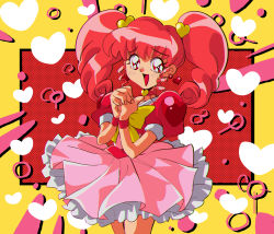 Rule 34 | 1990s (style), 1girl, absurdres, bow, dress, hair behind ear, heart, highres, looking to the side, magical girl, open mouth, ougon yuusha goldran, pink dress, potiri02, red hair, retro artstyle, sharanla sheathluh, smile, solo, twintails, yellow bow, yuusha series