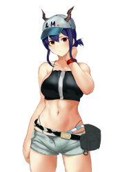 Rule 34 | 1girl, absurdres, arknights, bare shoulders, baseball cap, belt, belt pouch, black shirt, blue hair, breasts, ch&#039;en (arknights), ch'en (arknights), collarbone, cowboy shot, crop top, female tourist c (arknights), grey shorts, hand up, hat, highleg, highres, horns, horns through headwear, large breasts, long hair, looking at viewer, midriff, molyb, navel, official alternate costume, open fly, pouch, red eyes, shirt, short shorts, shorts, sidelocks, simple background, sleeveless, sleeveless shirt, solo, spaghetti strap, standing, white background, wristband