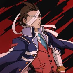 Rule 34 | 1boy, ace attorney, apollo justice, bandage over one eye, bandages, blue necktie, brown eyes, brown hair, capcom, eyepatch, flora11, jacket, jacket on shoulders, male focus, necktie, phoenix wright: ace attorney - dual destinies, solo