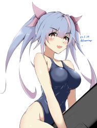 Rule 34 | 1girl, absurdres, blue hair, blue one-piece swimsuit, cowboy shot, dated, fang, flower-shaped pupils, hair ribbon, highleg, highleg swimsuit, highres, honma (honmatomohiro), i-19 (kancolle), kantai collection, long hair, one-piece swimsuit, red eyes, ribbon, simple background, skin fang, solo, star-shaped pupils, star (symbol), swimsuit, symbol-shaped pupils, torpedo, tri tails, twitter username, white background