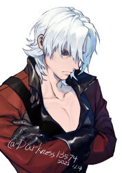 Rule 34 | 1boy, absurdres, bishounen, black gloves, blue eyes, closed mouth, coat, dante (devil may cry), darkness13574, devil may cry, devil may cry (series), devil may cry 2, gloves, hair over one eye, highres, holding, long hair, looking at viewer, male focus, red coat, simple background, solo, white hair