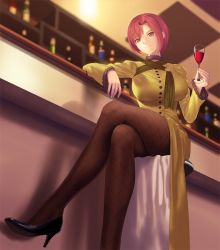 Rule 34 | 1girl, alcohol, aozaki touko, bar (place), breasts, brown pantyhose, crossed legs, cup, drinking glass, feet, fishnet pantyhose, fishnets, high heels, holding, large breasts, levi9452, looking at viewer, mahou tsukai no yoru, pantyhose, red eyes, red hair, short hair, smile, solo, tsukikanade, type-moon, wine, wine glass