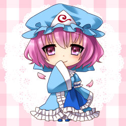 Rule 34 | 1girl, bad id, bad pixiv id, cherry blossoms, chibi, covering face, covering own mouth, covering privates, female focus, full body, hat, japanese clothes, momojiri aya, pink eyes, pink hair, plaid, plaid background, saigyouji yuyuko, smile, solo, touhou, triangular headpiece