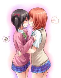 Rule 34 | 10s, 2girls, bad id, bad pixiv id, black hair, blush, bow, brown eyes, cardigan, clothes grab, collar, eyebrows, closed eyes, highres, holding, holding another&#039;s arm, holding own arm, imminent kiss, long sleeves, love live!, love live! school idol project, multiple girls, neck ribbon, nishikino maki, plaid, plaid skirt, pleated skirt, red hair, ribbon, sakuyunomi, school uniform, short sleeves, sketch, skirt, sleeve grab, smile, spoken blush, spoken squiggle, squiggle, sweat, sweater vest, twintails, vest, yazawa nico, yuri