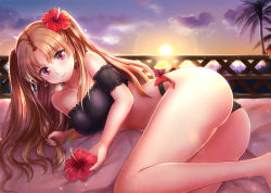 Rule 34 | 1girl, ass, bare legs, black panties, black shirt, blonde hair, bow, bow panties, collarbone, commentary request, crop top, earrings, ereshkigal (fate), eyebrows, fate/grand order, fate (series), flower, hair flower, hair ornament, hibiscus, holding, holding own hair, infinity symbol, jewelry, kabosu (anna neji), long hair, looking at viewer, lying, on side, outdoors, palm tree, panties, parted bangs, pink flower, plant, red bow, red eyes, shirt, solo, sun, sunset, swimsuit, thighs, tree, twintails, two side up, underwear