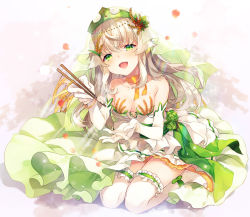 Rule 34 | 1girl, bare shoulders, bow, bowtie, bracelet, breasts, bridal veil, chopsticks, cupping hand, dong-jin rice-hime, dress, elbow gloves, frilled dress, frilled thighhighs, frills, gloves, green eyes, green sash, hair between eyes, hair ornament, high heels, highres, holding, holding chopsticks, incoming food, jewelry, kneeling, long hair, looking at viewer, medium breasts, open mouth, orange bow, orange bowtie, orange footwear, rice, ring, sash, simon creative tw, sleeveless, sleeveless dress, solo, suiji, thighhighs, veil, wedding band, wedding dress, wheat, white dress, white gloves, white hair, white thighhighs