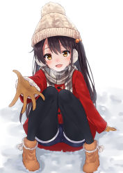Rule 34 | 1girl, :d, absurdres, arm support, beanie, black hair, black pantyhose, blue shorts, blush, boots, brown eyes, brown footwear, brown gloves, coat, commentary request, earmuffs, fur trim, gloves, hair ornament, hat, highres, jacket, knees up, long hair, long sleeves, looking at viewer, minikon, one side up, open mouth, original, outstretched hand, pantyhose, pantyhose under shorts, plaid, plaid scarf, pom pom (clothes), reaching, reaching towards viewer, red jacket, scarf, shadow, short shorts, shorts, sitting, smile, snow, solo, teeth, white hat, winter, winter clothes, winter coat