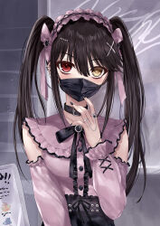 Rule 34 | 1girl, asle, bags under eyes, black bow, black choker, black hair, black mask, black nails, black skirt, blush, bow, breasts, center frills, choker, clock eyes, collarbone, commentary, date a live, detached sleeves, ear piercing, fingernails, frilled hairband, frilled shirt, frills, hair between eyes, hair ornament, hair ribbon, hairband, hand on own chin, hand on own face, hand up, heterochromia, highres, jewelry, jirai kei, long hair, long sleeves, looking at viewer, mask, medium breasts, mouth mask, nail polish, neck ribbon, piercing, pink ribbon, pink shirt, red eyes, ribbon, ring, shirt, sidelocks, skirt, smile, solo, symbol-only commentary, symbol-shaped pupils, tokisaki kurumi, twintails, uneven twintails, upper body, yellow eyes