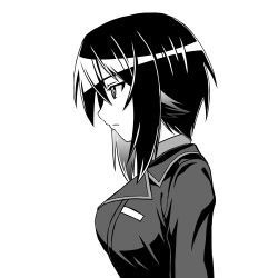 Rule 34 | 1girl, beni (bluebluesky), closed mouth, commentary, dress shirt, expressionless, from side, girls und panzer, greyscale, highres, jacket, kuromorimine military uniform, looking to the side, military, military uniform, monochrome, nishizumi maho, portrait, shirt, short hair, solo, uniform