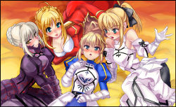 Rule 34 | 10s, 4girls, ahoge, armor, armored dress, artoria pendragon (all), artoria pendragon (fate), bad id, bad pixiv id, bare shoulders, blonde hair, blue eyes, blush, bow, breasts, capcom, cleavage, detached sleeves, dress, epaulettes, fate/extra, fate/stay night, fate/unlimited codes, fate (series), gauntlets, green eyes, hair bow, hair ribbon, long hair, maccyman, multiple girls, multiple persona, nero claudius (fate), nero claudius (fate), nero claudius (fate/extra), ponytail, ribbon, saber (fate), saber alter, saber lily, type-moon, yellow eyes