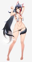 Rule 34 | 1girl, absurdres, animal ear fluff, animal ears, arms up, bad id, bad pixiv id, black hair, black panties, brown eyes, colored tips, commentary, full body, grey background, hair ornament, hair tie, highres, hololive, long hair, looking at viewer, multicolored hair, navel, ookami mio, panties, panty pull, partially undressed, red hair, solo, standing, streaked hair, tail, tail around own leg, towel, towel around neck, tying hair, underwear, very long hair, virtual youtuber, wangjook (wj), wet, white hair, wolf ears, wolf tail