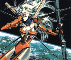 Rule 34 | ariel (mecha), ariel (novel), commentary, english commentary, floating hair, gun, hair behind ear, hand on own face, holding, holding gun, holding weapon, looking at viewer, mecha, no humans, official art, one eye covered, red eyes, robot, science fiction, silver hair, solo, space, suzuki masahisa, third-party source, weapon