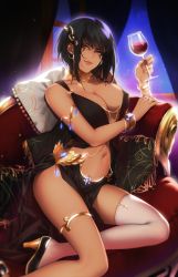 Rule 34 | 1girl, alcohol, bangle, bare shoulders, black hair, bracelet, breasts, cleavage, commentary, commission, couch, cup, curtains, drinking glass, earrings, facial mark, high heels, highres, hoop earrings, indoors, jewelry, large breasts, light smile, lips, looking at viewer, navel, night, original, pearl bracelet, pelvic curtain, pillow, ring, shoes, short hair, single thighhigh, solo, stomach, thighhighs, thighlet, weyowang, white thighhighs, window, wine, wine glass, yellow eyes
