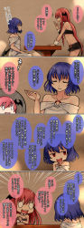 Rule 34 | 2girls, 4koma, anger vein, aoshima, bandeau, bat wings, blue hair, breasts, collarbone, comic, commentary request, demon wings, dress, closed eyes, head wings, highres, koakuma, laughing, long hair, midriff, multiple girls, navel, o o, red eyes, red hair, remilia scarlet, table, touhou, translation request, underboob, very long hair, white dress, wings, wrist cuffs
