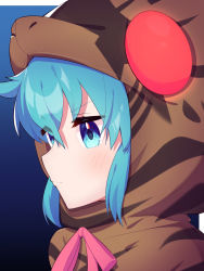 Rule 34 | 1girl, aqua eyes, aqua hair, bad id, bad pixiv id, blue background, blush, closed mouth, commentary, frown, gradient background, highres, hood, hood up, hoodie, kemono friends, looking to the side, neck ribbon, portrait, red ribbon, ribbon, short hair, snake hood, solo, takom, tsuchinoko (kemono friends)
