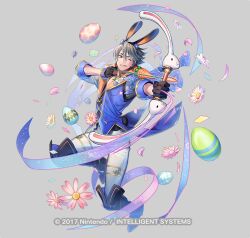 Rule 34 | 1boy, animal ears, arrow (projectile), boots, copyright name, easter egg, egg, fake animal ears, fire emblem, fire emblem heroes, grey hair, holding, holding arrow, holding weapon, inigo (spring) (fire emblem), knee boots, nintendo, official alternate costume, official art, p-nekor, pants, rabbit ears, solo, weapon, white pants