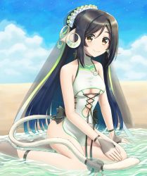 Rule 34 | 1girl, animal ears, aquaplus, ass, bare legs, bare shoulders, beach, black hair, blue sky, breasts, cat tail, cleavage, cleavage cutout, closed mouth, clothing cutout, cloud, cloudy sky, collarbone, curvy, eyes visible through hair, feet, from side, full body, gradient eyes, hair between eyes, hair ornament, hair over one eye, highres, in water, jewelry, kneeling, kuon (utawarerumono), kuon waves-enticing fan, long hair, looking at viewer, medium breasts, midriff, multicolored eyes, navel, orange eyes, outdoors, ponytail, raised eyebrows, sidelocks, sitting, sky, smile, solo, swept bangs, swimsuit, tail, tail ornament, thick thighs, thighs, underboob, utawarerumono, utawarerumono: itsuwari no kamen, utawarerumono: lost flag, veil, very long hair, white tail, yorutsukiekaki