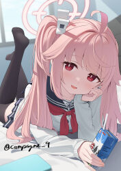 Rule 34 | 1girl, ahoge, black sailor collar, black skirt, black thighhighs, blue archive, blush, buttons, cardigan, commission, drink, drinking straw, hair between eyes, halo, kanpa (campagne 9), long hair, long sleeves, looking at viewer, lying, natsu (blue archive), on stomach, open mouth, pink hair, pink halo, pixiv commission, pleated skirt, red eyes, sailor collar, side ponytail, skirt, smile, solo, the pose, thighhighs, twitter username, white cardigan
