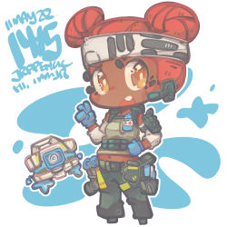 Rule 34 | 1girl, animification, apex legends, artist name, black pants, blue gloves, bright pupils, brown eyes, brown tank top, chibi, d.o.c. health drone, dark-skinned female, dark skin, dated, detached sleeves, double bun, gloves, hair bun, headband, headset, highres, jrpencil, lifeline (apex legends), looking at viewer, open mouth, pants, red hair, robot, solo focus, tank top, white headband, white pupils