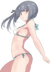 Rule 34 | 1girl, absurdres, black ribbon, blush, breasts, brown eyes, covered erect nipples, from side, grey hair, hair ribbon, highres, kantai collection, kasumi (kancolle), ken (shutenndouji1), long hair, looking at viewer, looking to the side, parted lips, ribbon, side ponytail, simple background, small breasts, solo, thick thighs, thighs, white background
