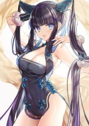 Rule 34 | 1girl, backlighting, bare shoulders, black dress, blue eyes, blunt bangs, blush, breasts, china dress, chinese clothes, cleavage, detached sleeves, dress, fate/grand order, fate (series), gambe, hair ornament, highres, large breasts, long hair, looking at viewer, purple hair, sidelocks, solo, thighs, twintails, very long hair, yang guifei (fate), yang guifei (second ascension) (fate)