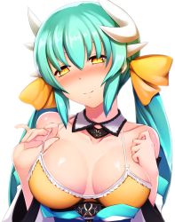Rule 34 | 1girl, aqua hair, bare shoulders, blush, bow, breast suppress, breasts, closed mouth, collarbone, detached collar, detached sleeves, fate/grand order, fate (series), fingernails, hair bow, half-closed eyes, haribote (desk of coulomb), headband, holding, horns, japanese clothes, kimono, kiyohime (fate), kiyohime (fate/grand order), kiyohime (swimsuit lancer) (fate), kiyohime (swimsuit lancer) (first ascension) (fate), large breasts, lifted by self, long hair, looking at viewer, obi, pinky out, sash, shade, shiny skin, sidelocks, slit pupils, smile, solo, spaghetti strap, strap lift, twintails, upper body, white background, yellow bow, yellow eyes